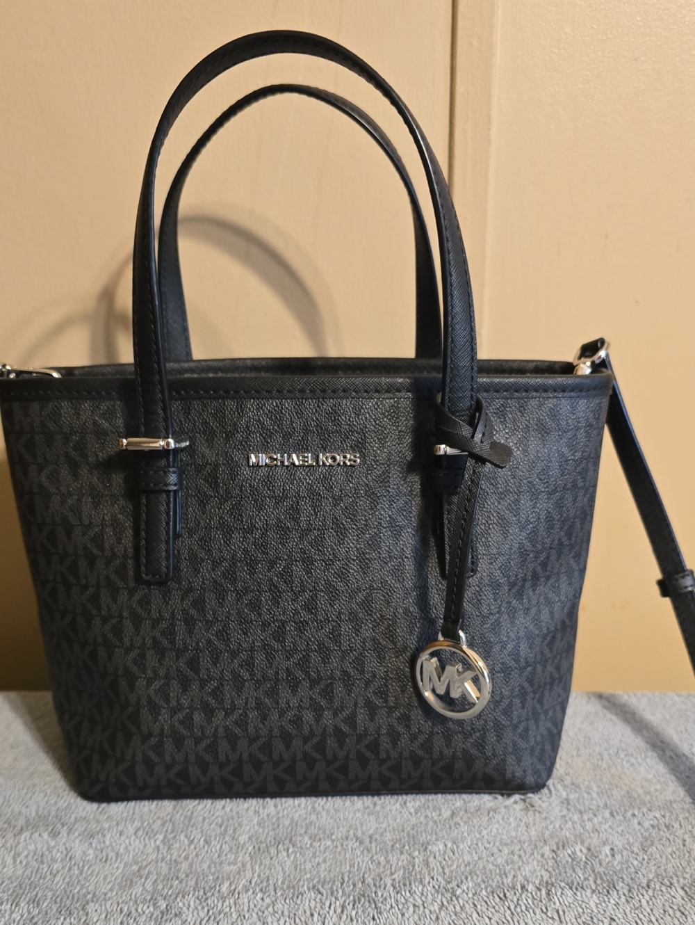 Michael Kors Black Signature Crossbody Tote with MK Charm
